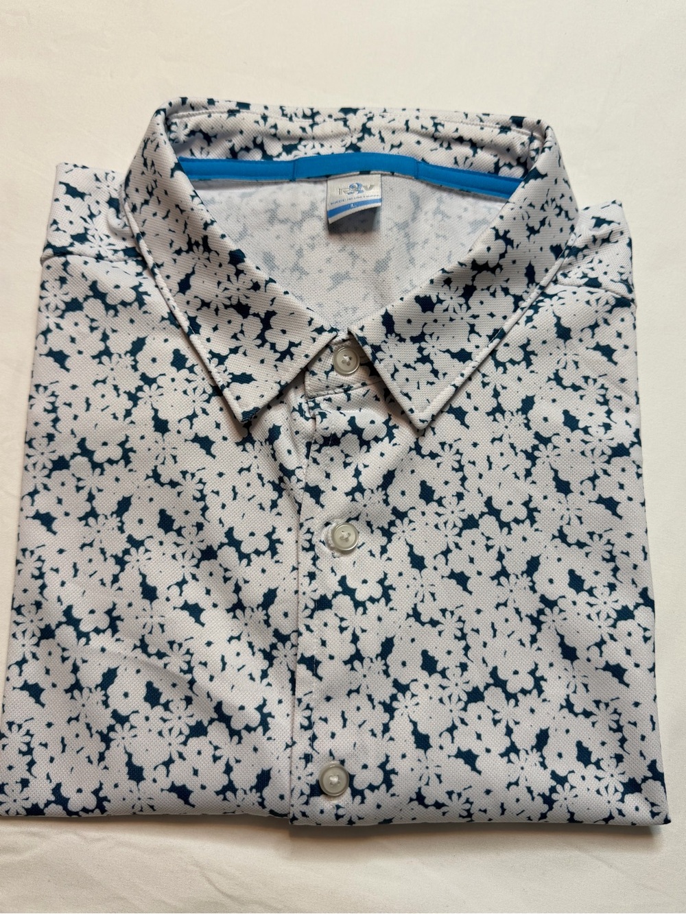 Men's Casual Floral Button-Down Shirt - White with Navy Print